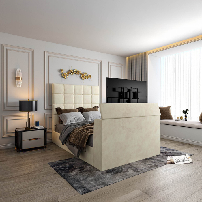 Cubed TV bed frame in plush velvet, front view