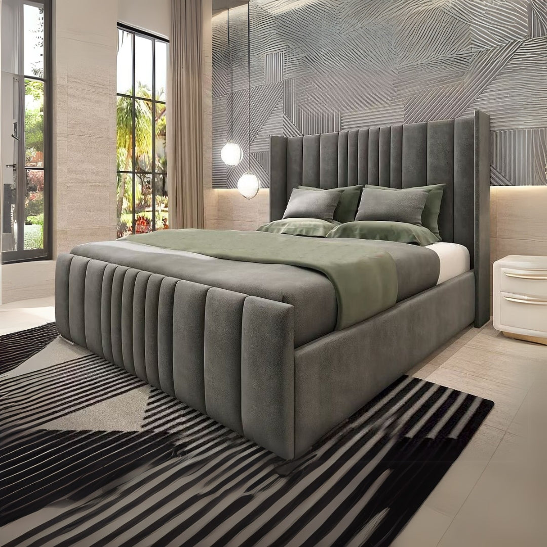 Bed Frame Double Bed - Upholstered Wingback Linear Bed Frame