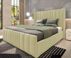 Bed Frame Double Bed - Upholstered Wingback Linear Bed With Storage