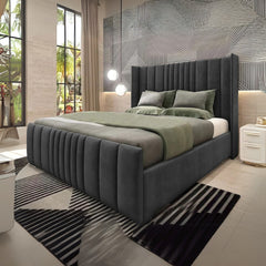Bed Frame Double Bed - Upholstered Wingback Linear Bed