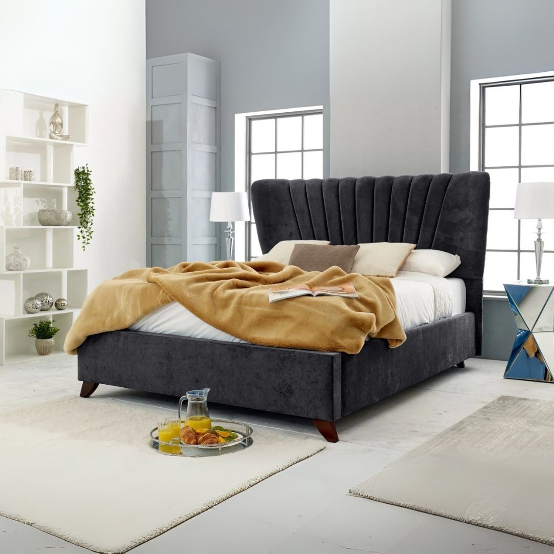 Double Bed Frame With Storage - Curved Wingback Upholstered Bed