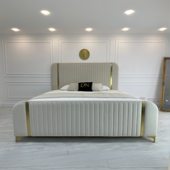 Small Double Bed Frame - Gold Panel Linear Upholstered Bed