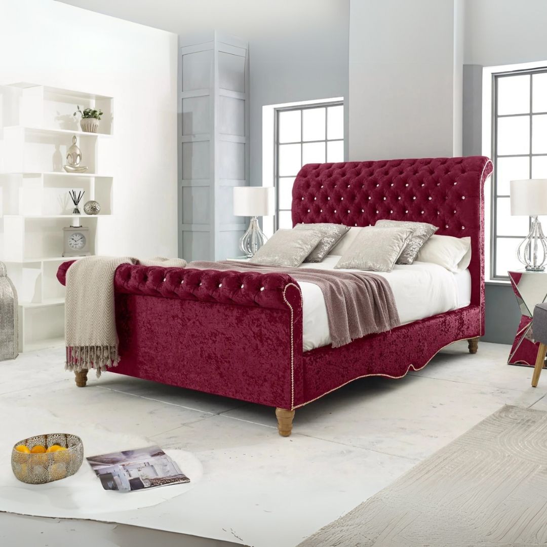 Wooden Bed Frame - Deep Button Tufted Scroll Bed Frame