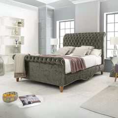 Wooden Bed Frame - Deep Button Tufted Scroll Bed