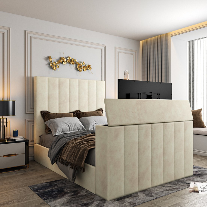 TV Bed Cinema Suite in upholstered Plush Velvet – front view with lift closed