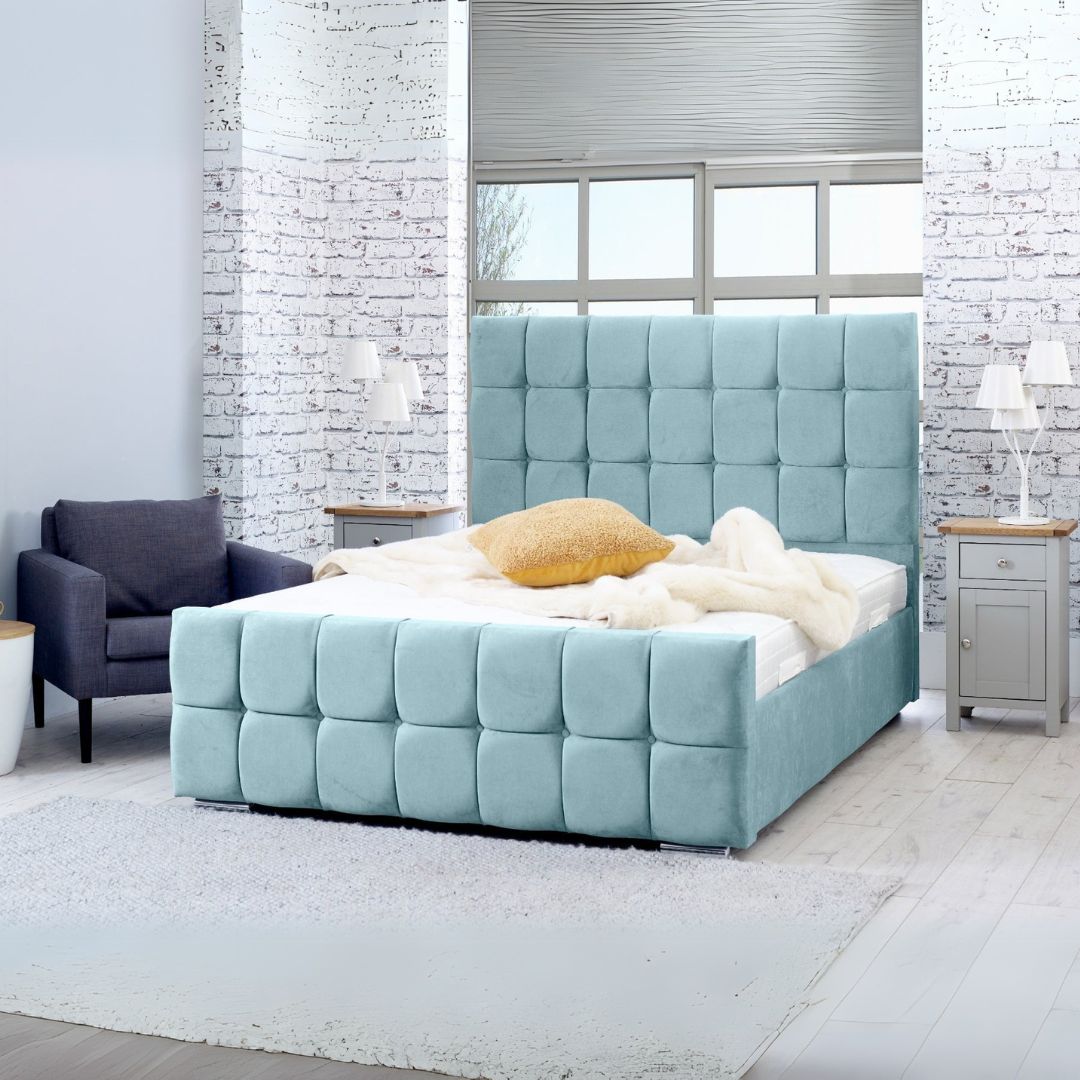 Double Bed Frames - Cube Diamante Headboard Bed Frame With Mattress and Storage