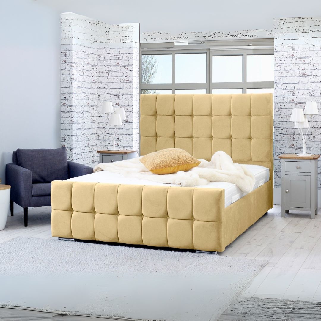 Double Bed Frames - Cube Diamante Headboard Bed Frame With Storage and Mattress