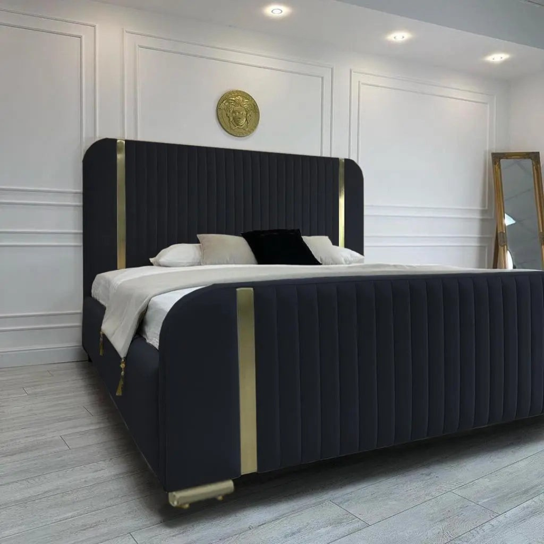 Small Double Bed Frame - Gold Panel Linear Upholstered Headboard Bed frame