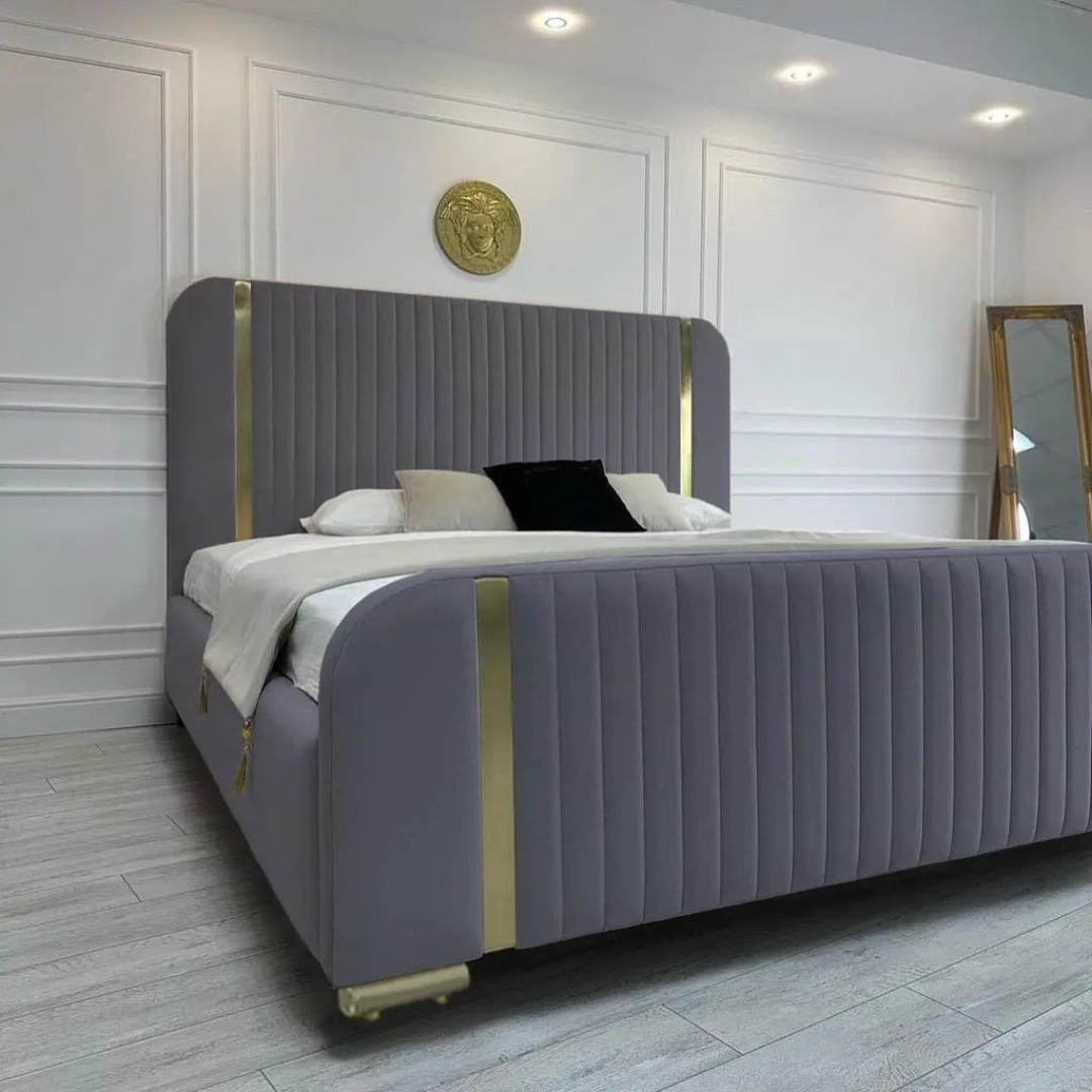 Small Double Bed Frame - Gold Panel Linear Upholstered frame Bed 
