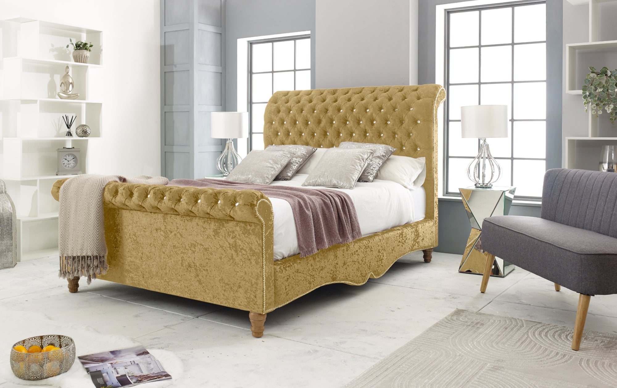 Wooden Bed Frame - Deep Button Tufted Scroll Bed Frame with Storage and wooden legs