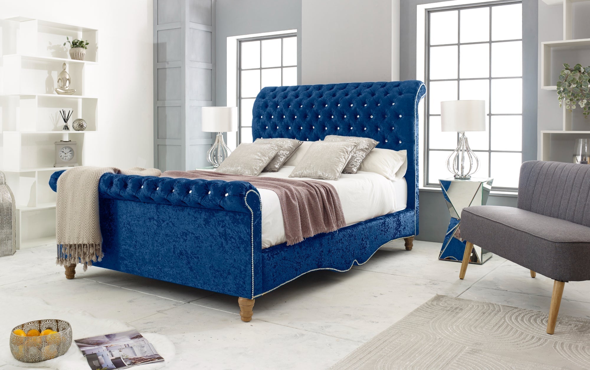 Wooden Bed Frame - Deep Button Tufted Scroll Bed Frame with mattress