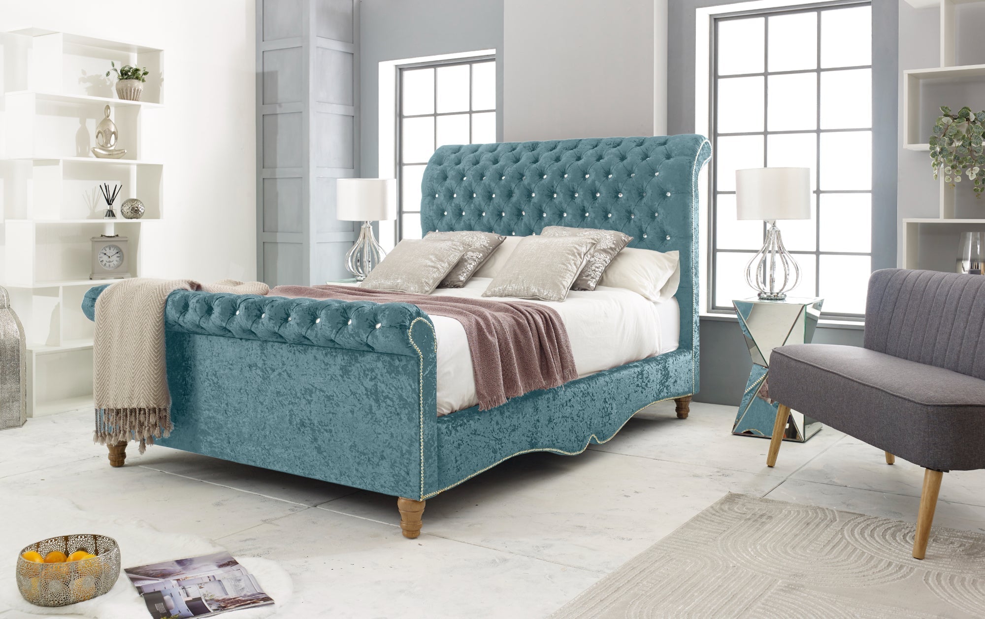 Wooden Bed Frame - Deep Button Tufted Scroll Bed Frame with mattress and storage