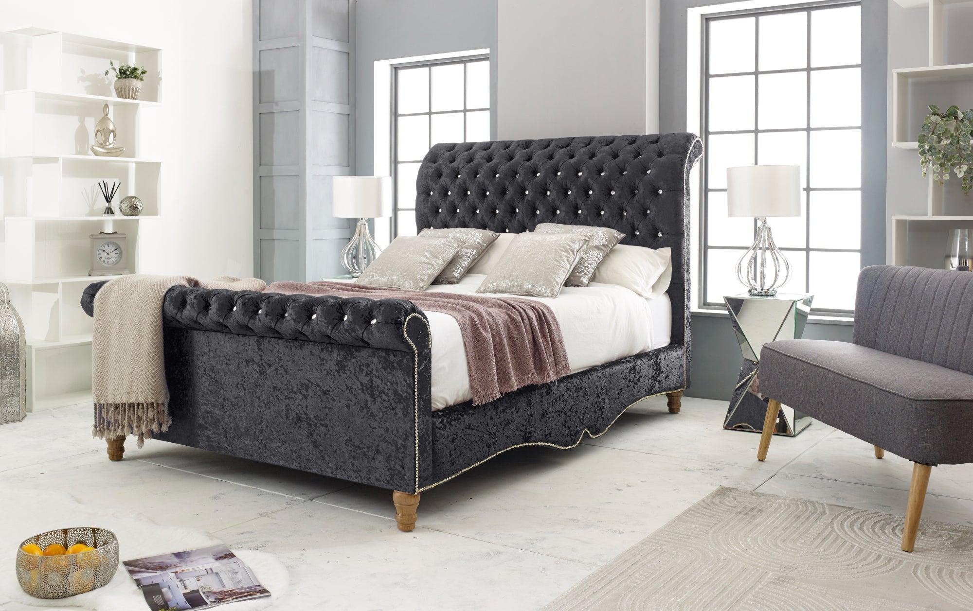 Wooden Bed Frame - Deep Button Tufted Scroll Bed Frame with mattress and wooden legs