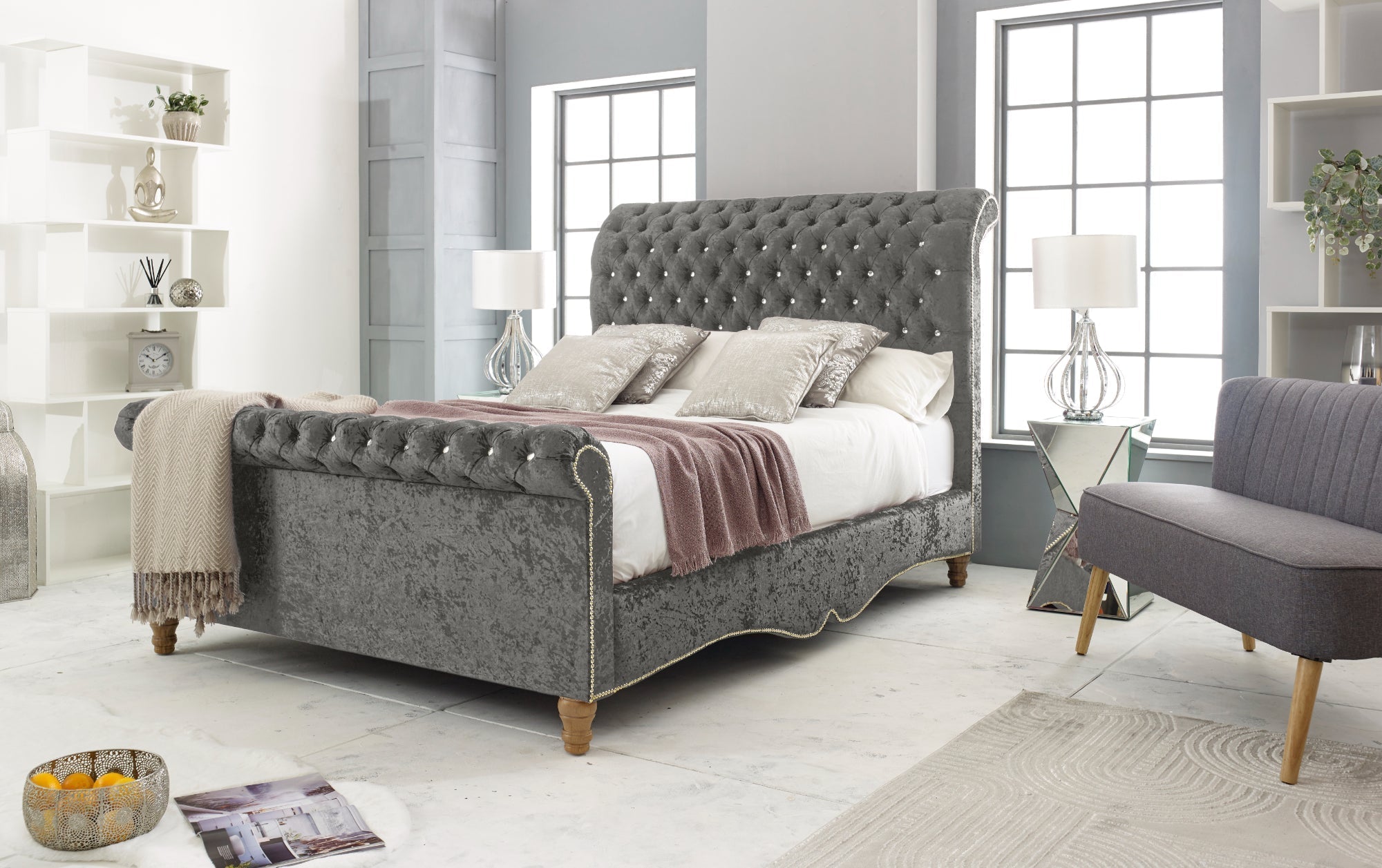 Wooden Bed Frame - Deep Button Tufted Scroll Bed Frame with mattress storage and wooden legs